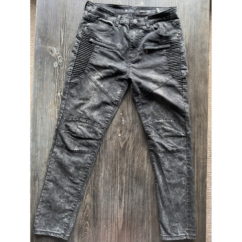 Waimea Mens 36x32 Black Acid Wash Moto Biker Skinny Jeans Distressed Y2K